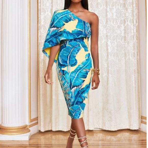 Lavish Alice - One Shoulder Cape Midi Dress In Yellow Palm - Picture 1 of 7
